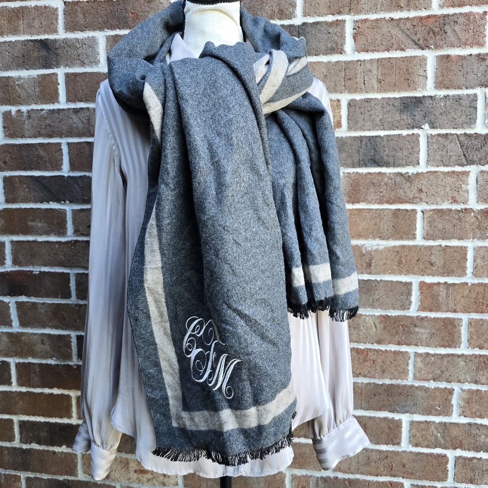 TRPS The Royal Standard Gray Plaid Monogram Blanket Scarf Oversized Wrap Shawl